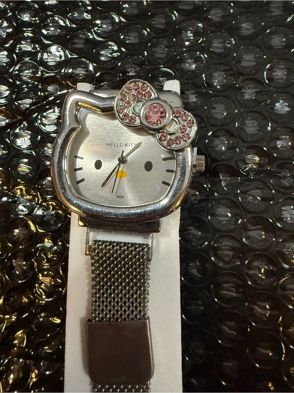 Hello Kitty Silver Mesh Watch with Pink Crystal Bow